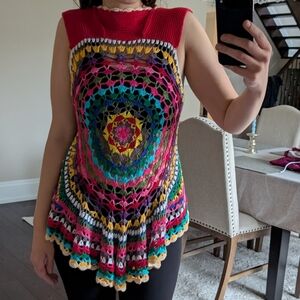 Vintage 70s Crochet Reversible Knit Colourful Rainbow Vest Top